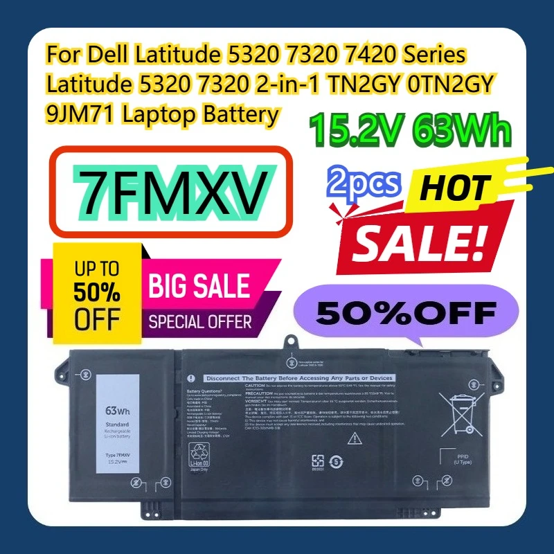 

For Dell Latitude 5320 7320 7420 Series Latitude 5320 7320 2-in-1 TN2GY 0TN2GY 9JM71 15.2V 63Wh 7FMXV Laptop Battery 2pcs