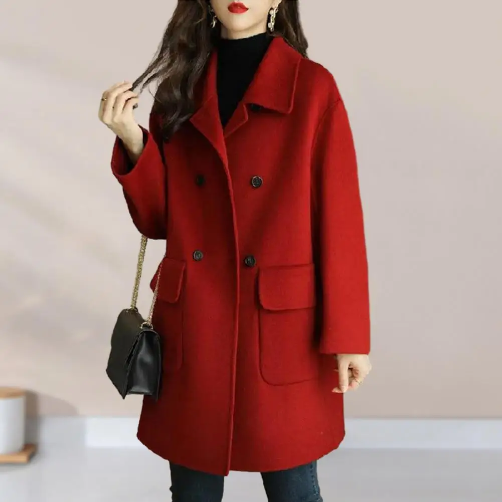 Women Woolen Coat Women Windproof Coat Stylish Women\'s Mid-length Woolen Coat Lapel Double Breasted Flap for Autumn/winter