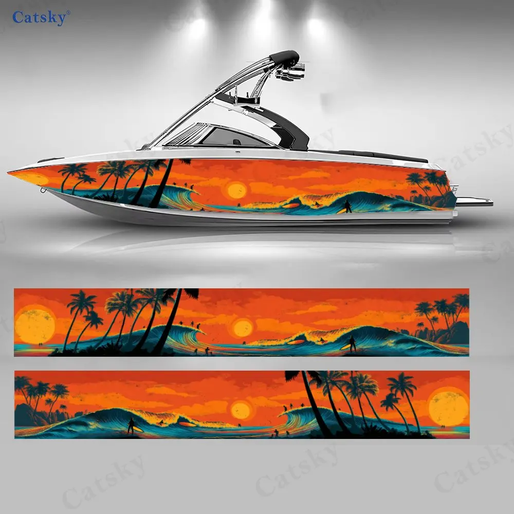 Adesivos Coconut Grove Sunset Boat, decalques de vinil duráveis e à prova d'água em PVC para barcos de pesca, design durável e elegante