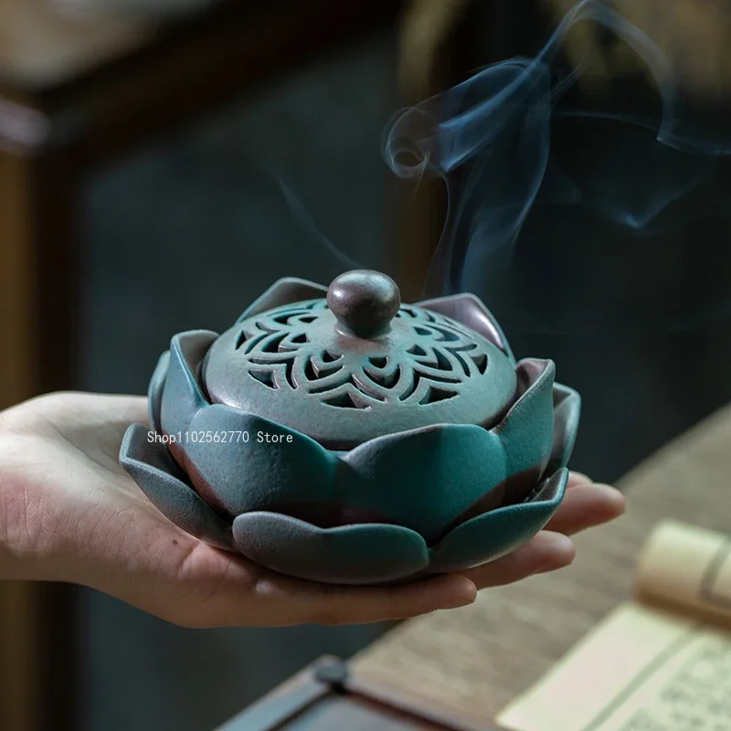 Imitation Ancient Ceramic Lotus Incense Coil Furnace Wooden Aromatherapy Base Home Interior Tea Ceremony Supplies Incense Tool