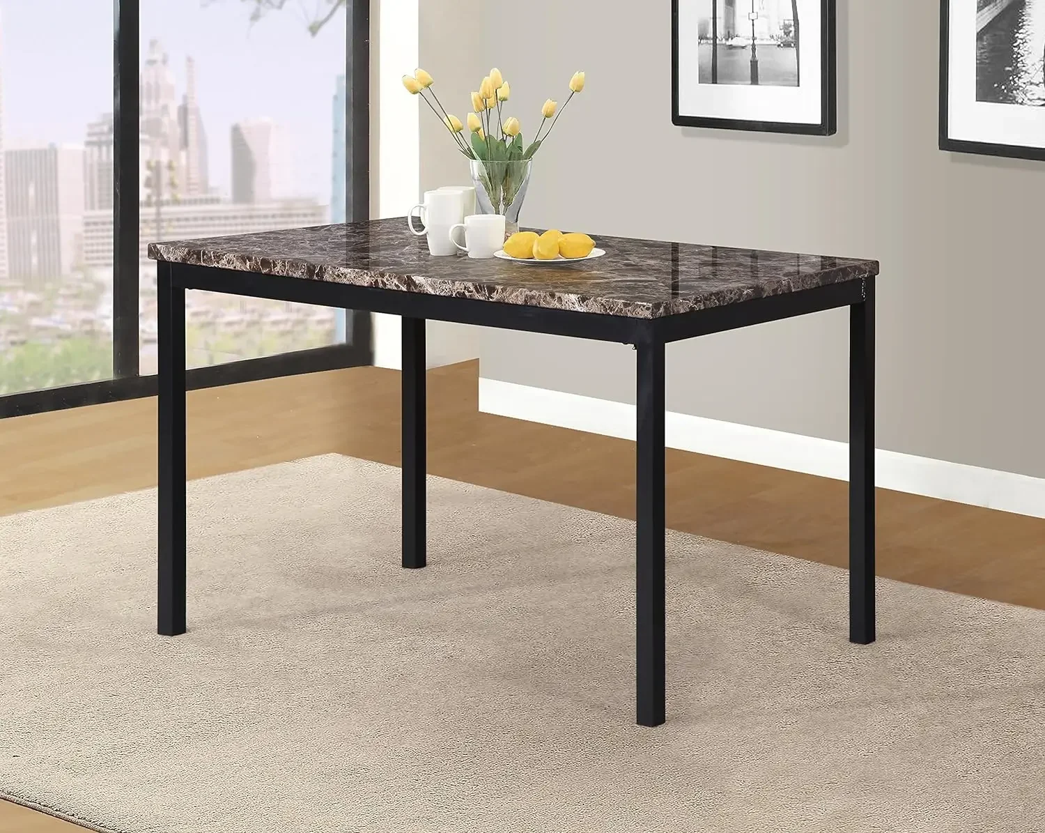 Juego de mesa de comedor de metal Citi con parte superior de mármol de imitación laminado, 5 piezas, blanco