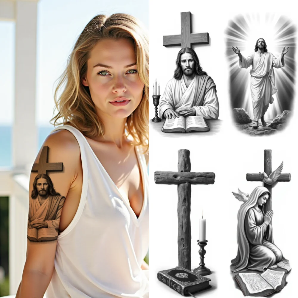 

3 шт., временная татуировка, Корона шипов, водонепроницаемые долговечные наклейки для тела, крест с голубем и ребенком для мужчин, рук, женщин