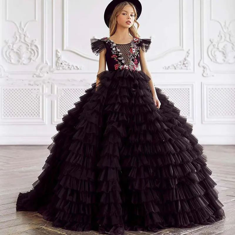 

Very Luxury Elegant Party Gown Little Girls Formal Evening Cocktail Long Tutu Dress Teenage Model Fashion Show Embroidery Dress