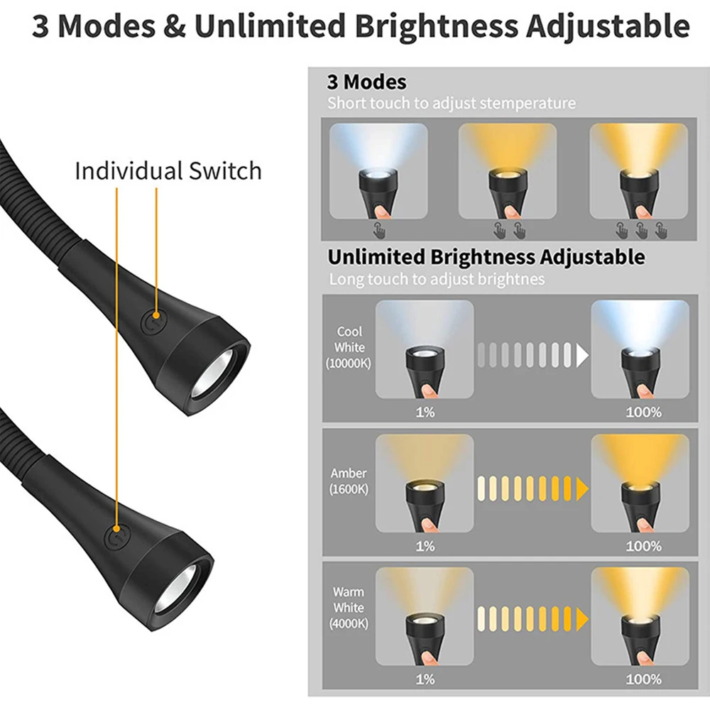 Portable Bendable Arms 3 Colors Brightness Dimmable 2000mA Battery USB Rechargeable LED Neck Book Reading Lamp Light