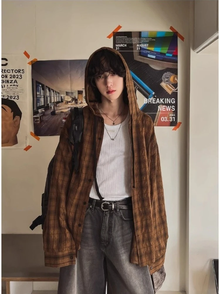 HOUZHOU Vintage Plaid Hooded Shirts Women Oversized Japanese Style Harajuku Fashion Checked Blouses Long Sleeve Tops Streetwear