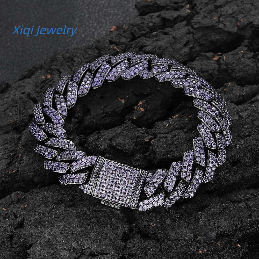 

15mm Double-row Zircon Purple Rhombus Cuban Bracelet Trendy Brand, Hip-hop, Unique Men's Bracelet Fashionable, Stylish, Perf