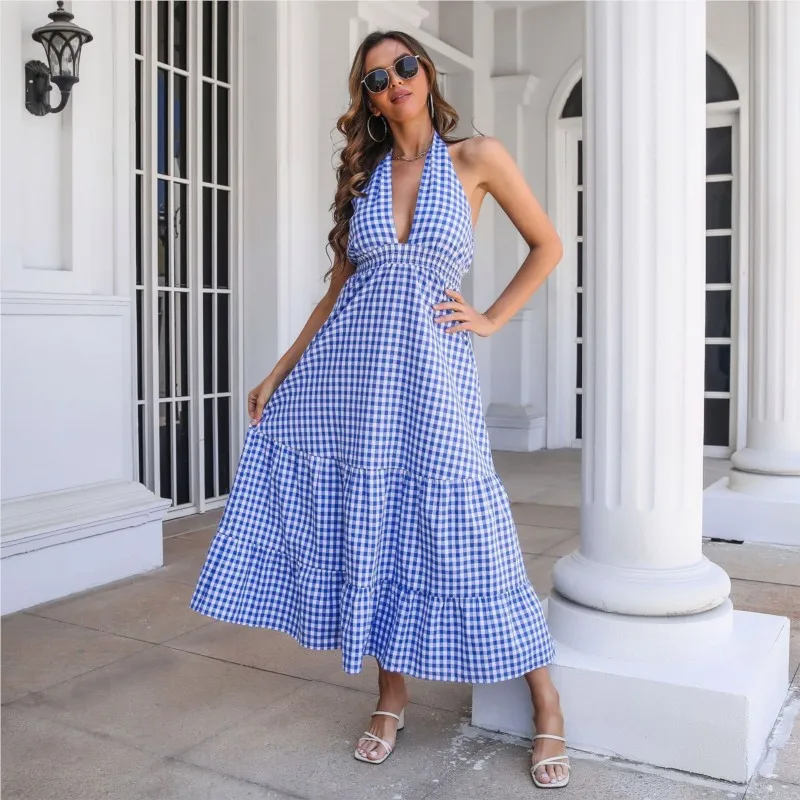 

2024 Fashionable and elegant plaid neck hanging dress bohemian vacation style waist hugging, ruffled hem large swing long skirt