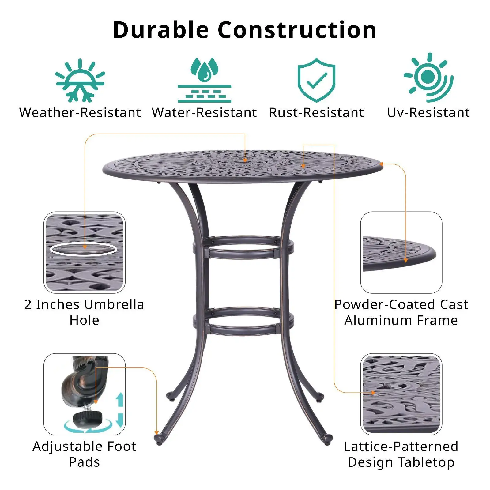 Stylish Round Patio Bar Table with Powder-Coated Finish & Umbrella Hole - for