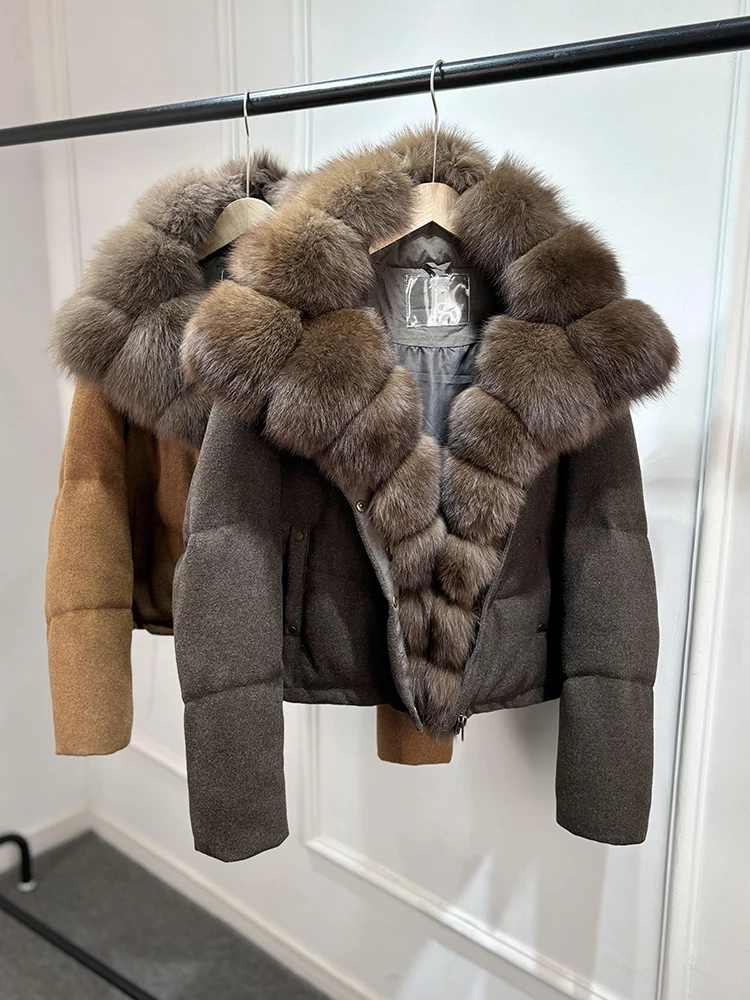 2026 Luxury Winter 90% White Duck Down Wool Blends Jacket Women Real Natural Huge Fox Fur Thickened Warm Puffer Wool Down Coat