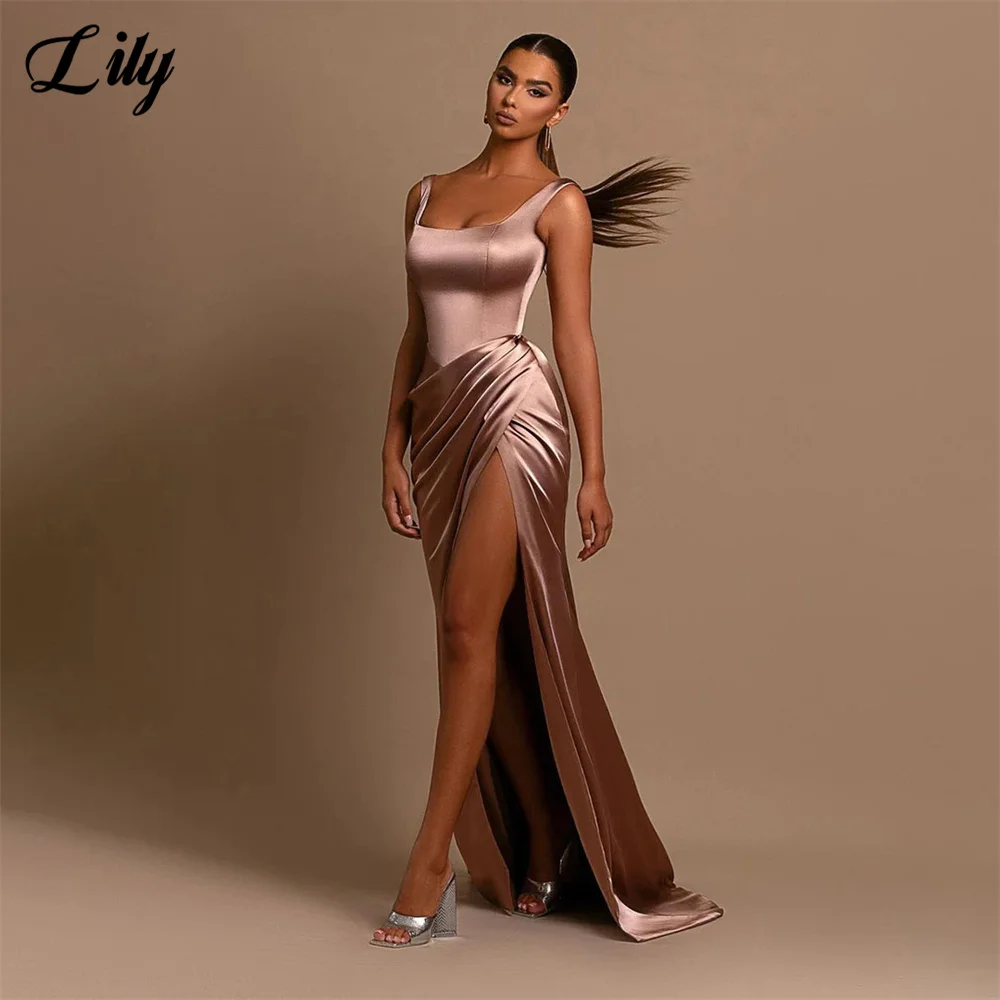 Lily-vestidos de noche de sirena con cuello cuadrado, vestido de fiesta Sexy plisado con abertura alta para mujer, vestido de graduación sin mangas