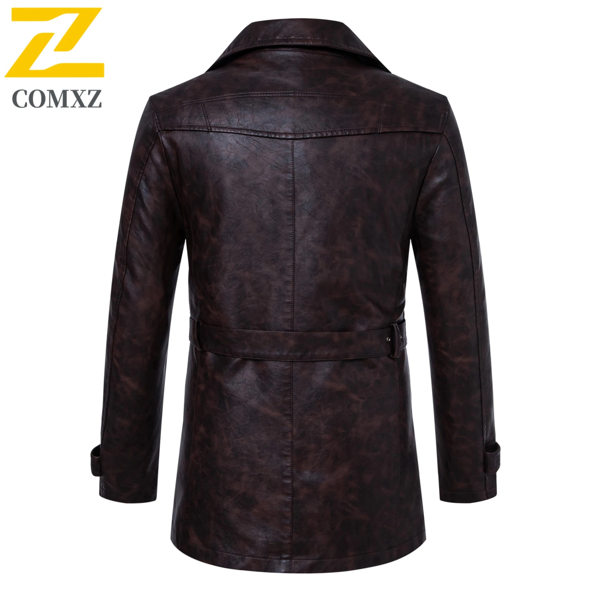 Urban Fashion Faux Leather Jacket Men's Mid-length Belt PU Leather Coat chaqueta 2025 Autumn Winter Motorcyclist Trench Coat Man