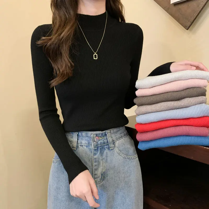 

Spliced Half High Color Autumn Women Fashionable Long Sleeve Solid Slim Soft Wear Pullover Knitted T-shirt Tops T140