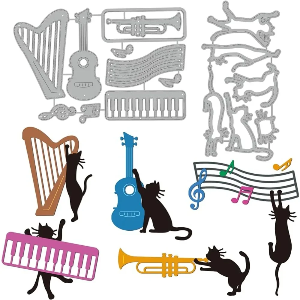 Cat Theme Cut Dies Multiple Musical Instruments Theme Metal Cutting Dies Animal Embossing Stencil for Card Making DIY Scrapbook