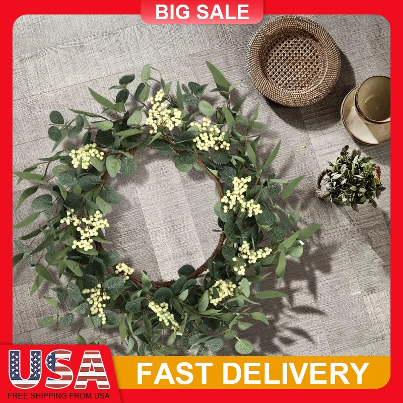 

20In Artificial Eucalyptus Wreath with White Berries for Front Door Porch Window Farmhouse Home Decor Spring Summer Fall Wedding