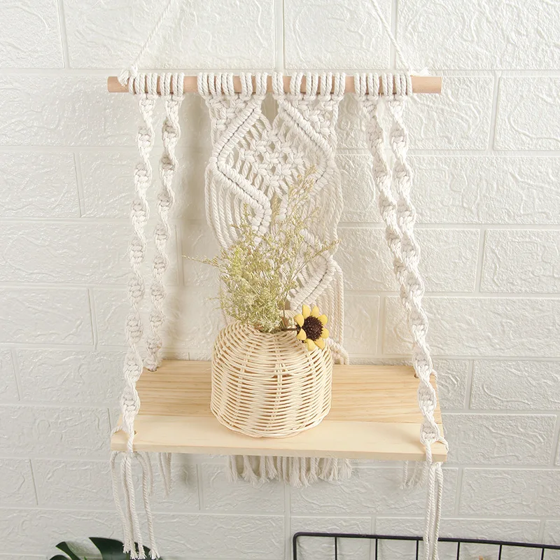 

Macrame Wall Shelf Handmade Tapestry Living Room Wood Potted Shelves Simple Modern Home Decoration