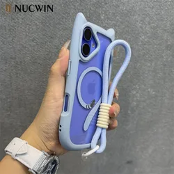 Cute Cat Ear Transparent Magnetic Wrist Strap Case For iPhone 17 16 15 14 12 13 Pro Max 11 17 Air Wireless Charge Lanyard Cover