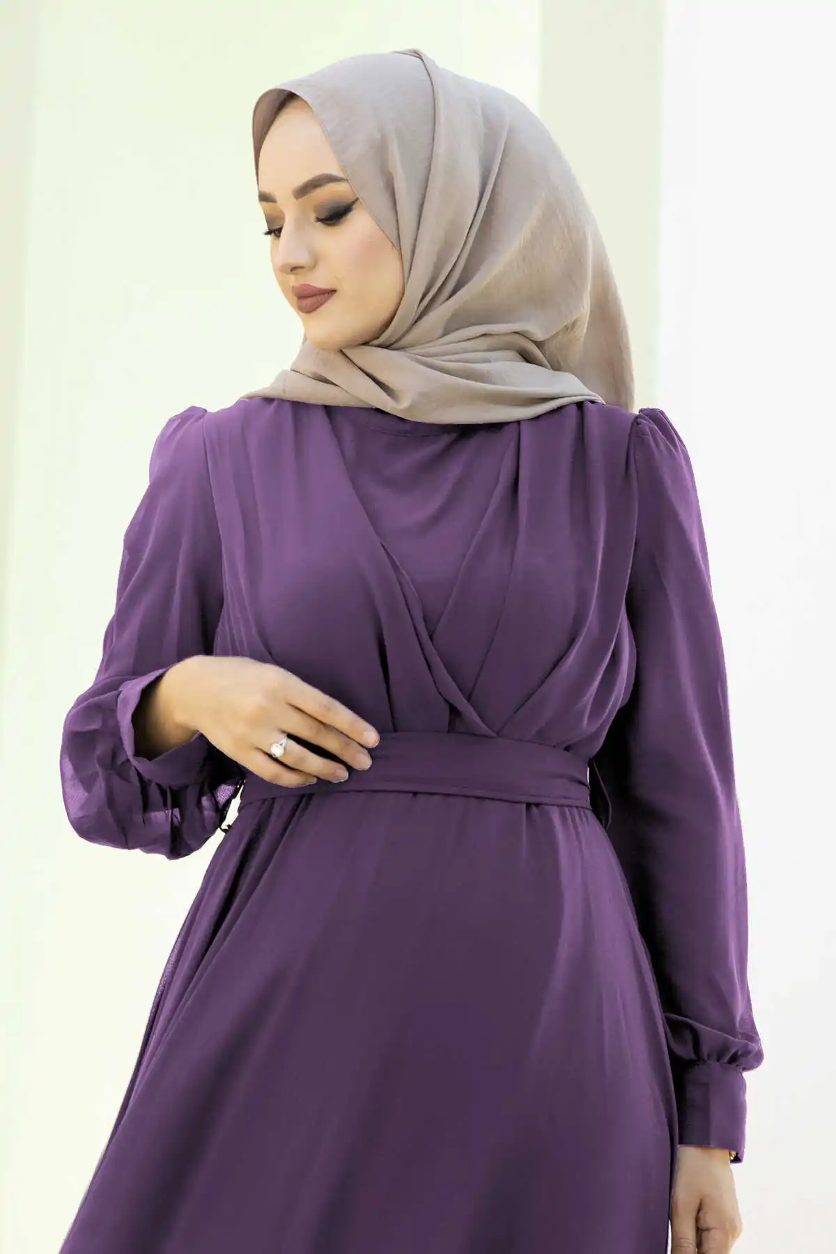 Chiffon Waist Belted Evening Dress Purple