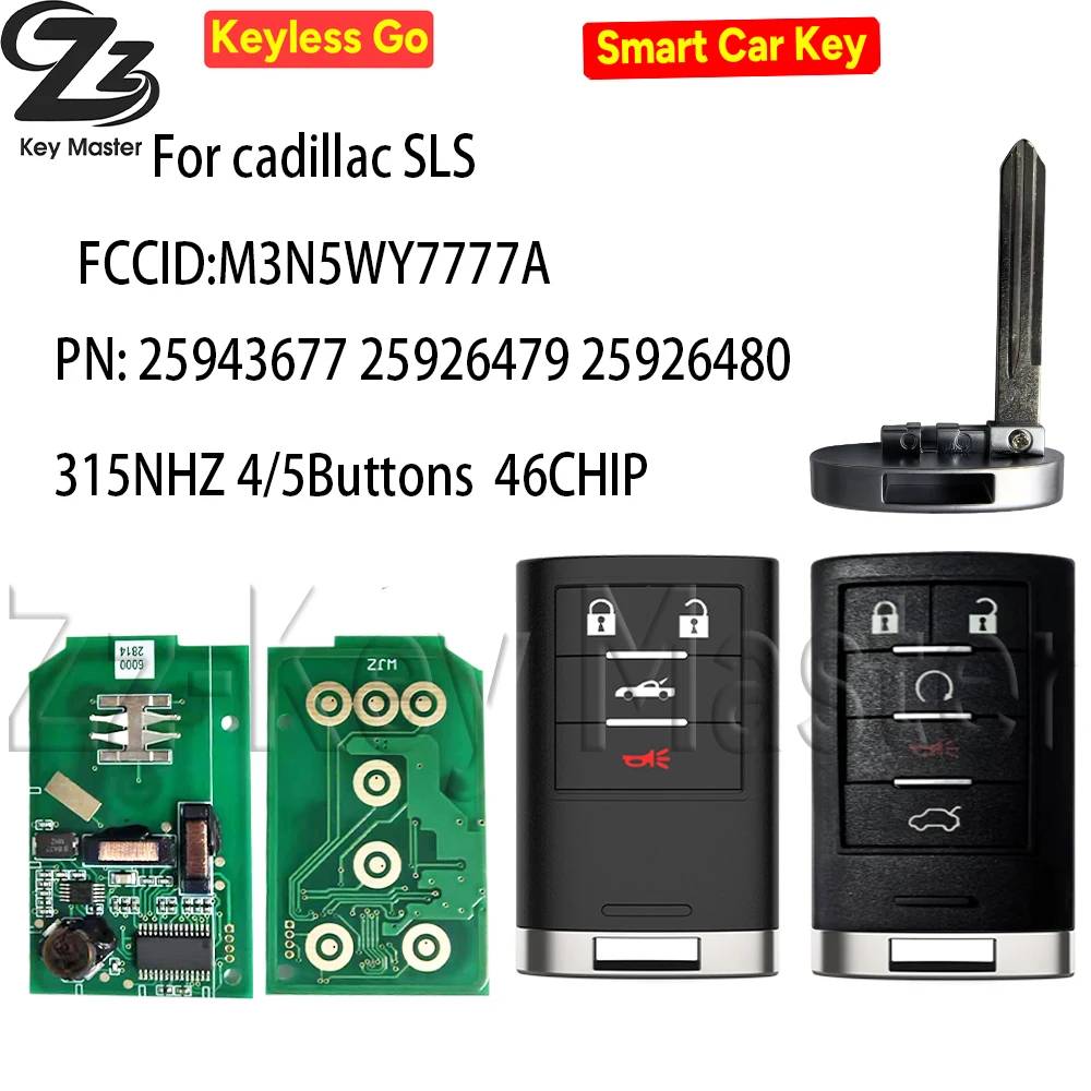 

Zz 4/5 кнопки для Cadillac CTS STS SLS 2008-2014 брелок 315 МГц ID46 чип M3N5WY7777A умный пульт дистанционного управления автомобильный ключ необрезанный балда