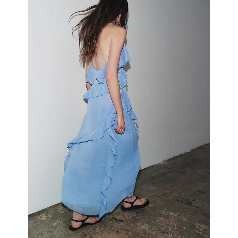 Novo Vestido Longo F de Verão para Praia e Férias, Estilo E com Decote em V, Sem Mangas, Decoração em Camadas, ...