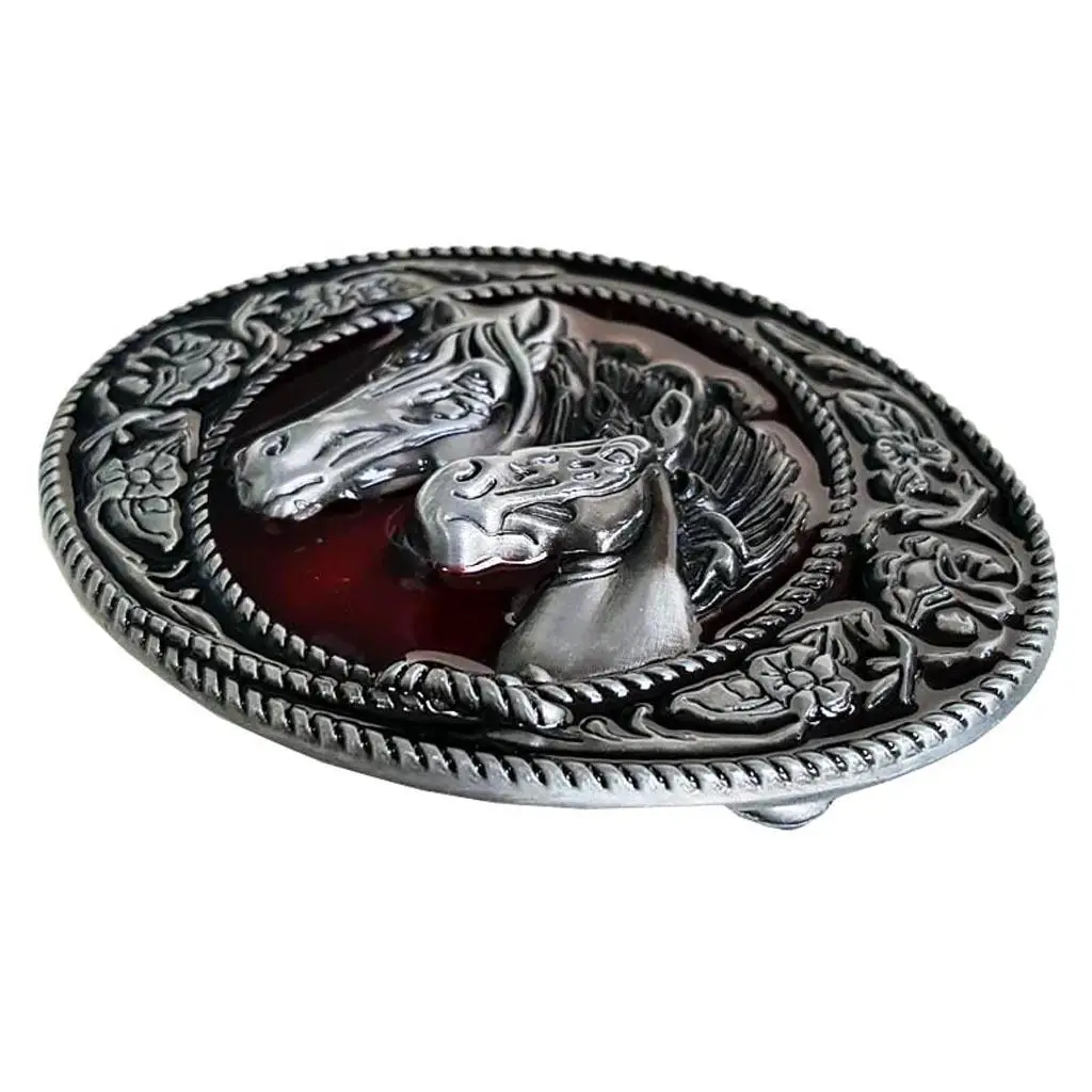 Vintage Enamel Double Horse Head Western Cowboy Belt Buckle