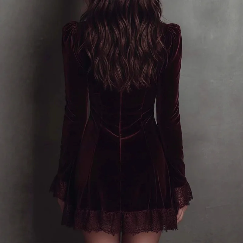 French Sexy Deep V Neck Patchwork Lace Dress Woman Fashionable Solid Velvet Mini Dress New Autumn Long Sleeve A-Line Party Dress