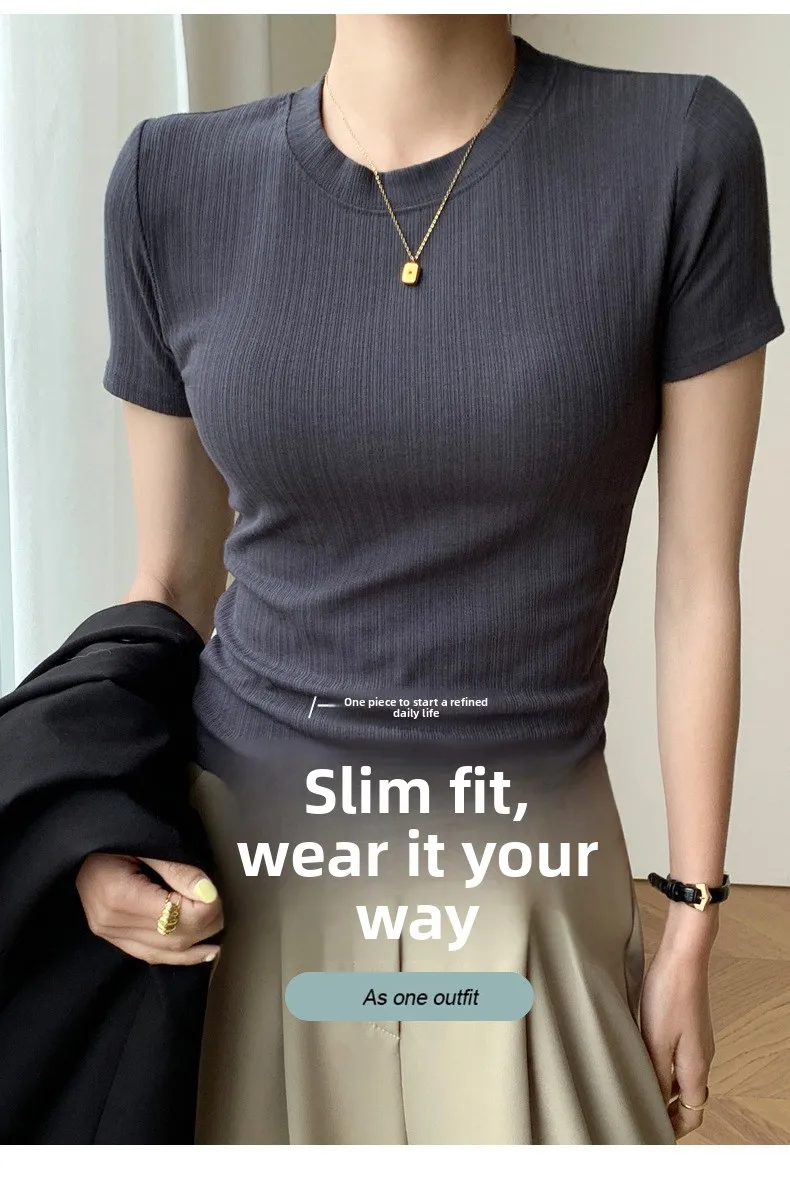 Sommerliches neues Damen-Rundhals-T-Shirt, gestricktes Kurzarm-Oberteil, lässiges Allround-T-Shirt, gestreiftes Basic-Shirt, schmal geschnitten, atmungsaktiv – Detail 2