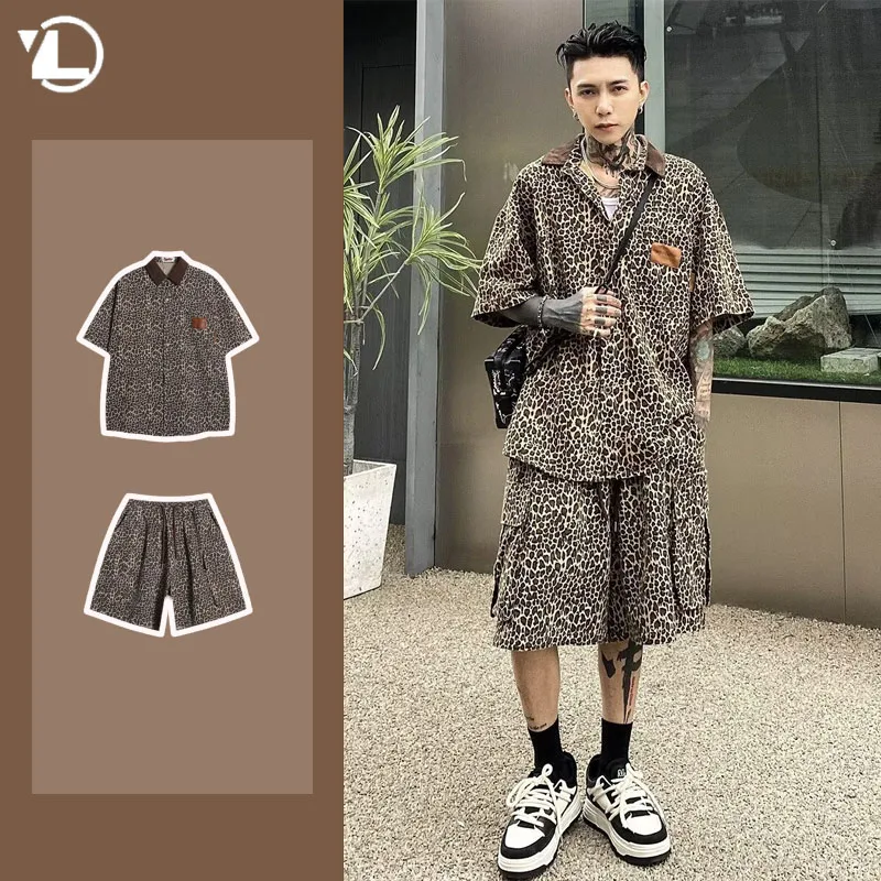 2024 Retro Leopard Pattern Set Mens High Street Trendy Party Suits Half Sleeved Patchwork Shirt+Quick Drying Sports Shorts 2-pcs