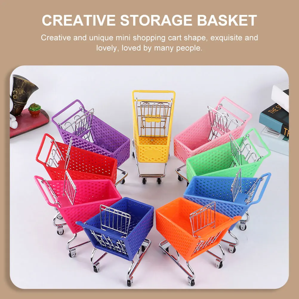

2 Pcs Mini Shopping Cart Storage Basket Creative Desktop ganizer Unique Metal Plastic Toy Decor Home Office Space Saving