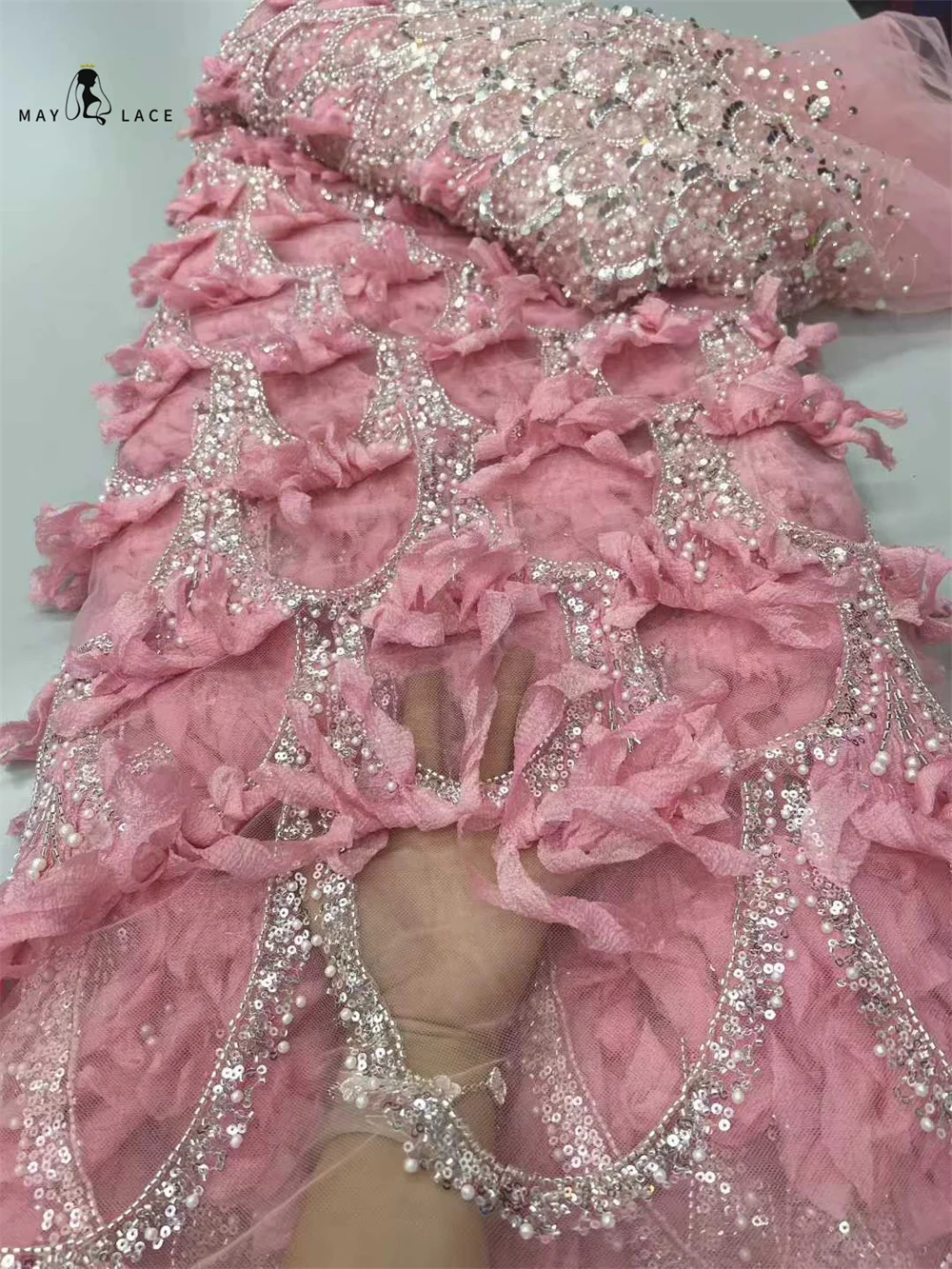 

Fashion Feather 3D Beaded Tulle Lace Fabric with Sequins Lace Fabric Nigerian for Dress African Net French Wedding Dress Women