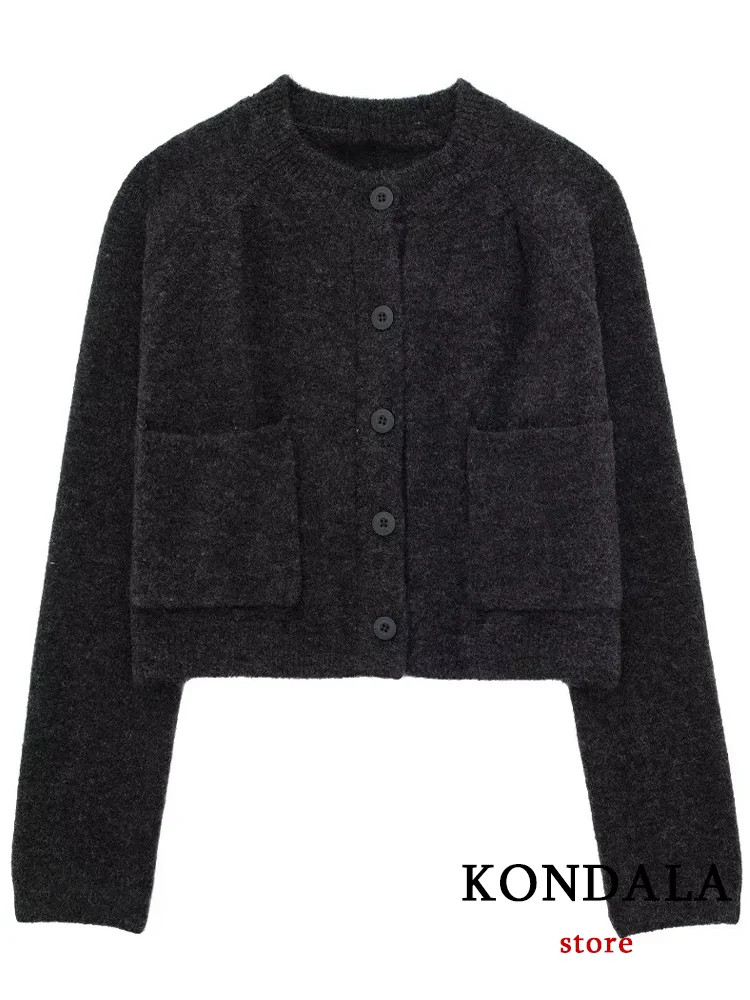 KONDALA Vintage Chic Solid Women Knitted Jackets Single Breasted Warm Coats New Fashion 2023 Autumn Winter Female Outwears