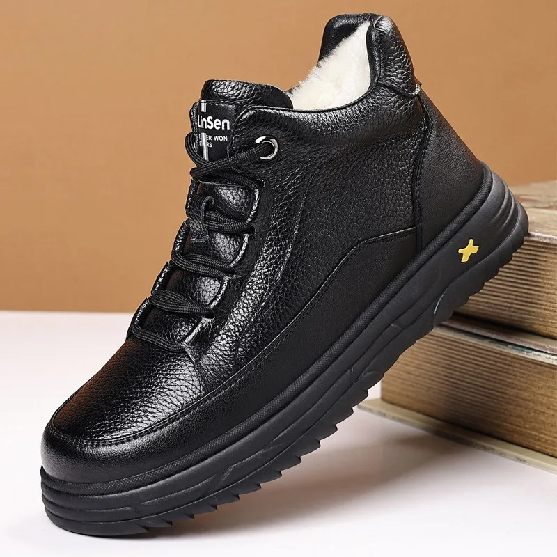 

Men's winter wool leather velvet warm cotton shoes first layer cowhide waterproof high-top shoes non-slip shoes