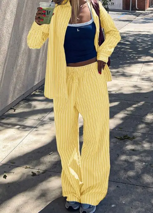 

Summer Leisure Vacation Women's 2-Piece Set with Lapel Striped Printed Button Up Shirt and High Waisted Straight Leg Pants Set