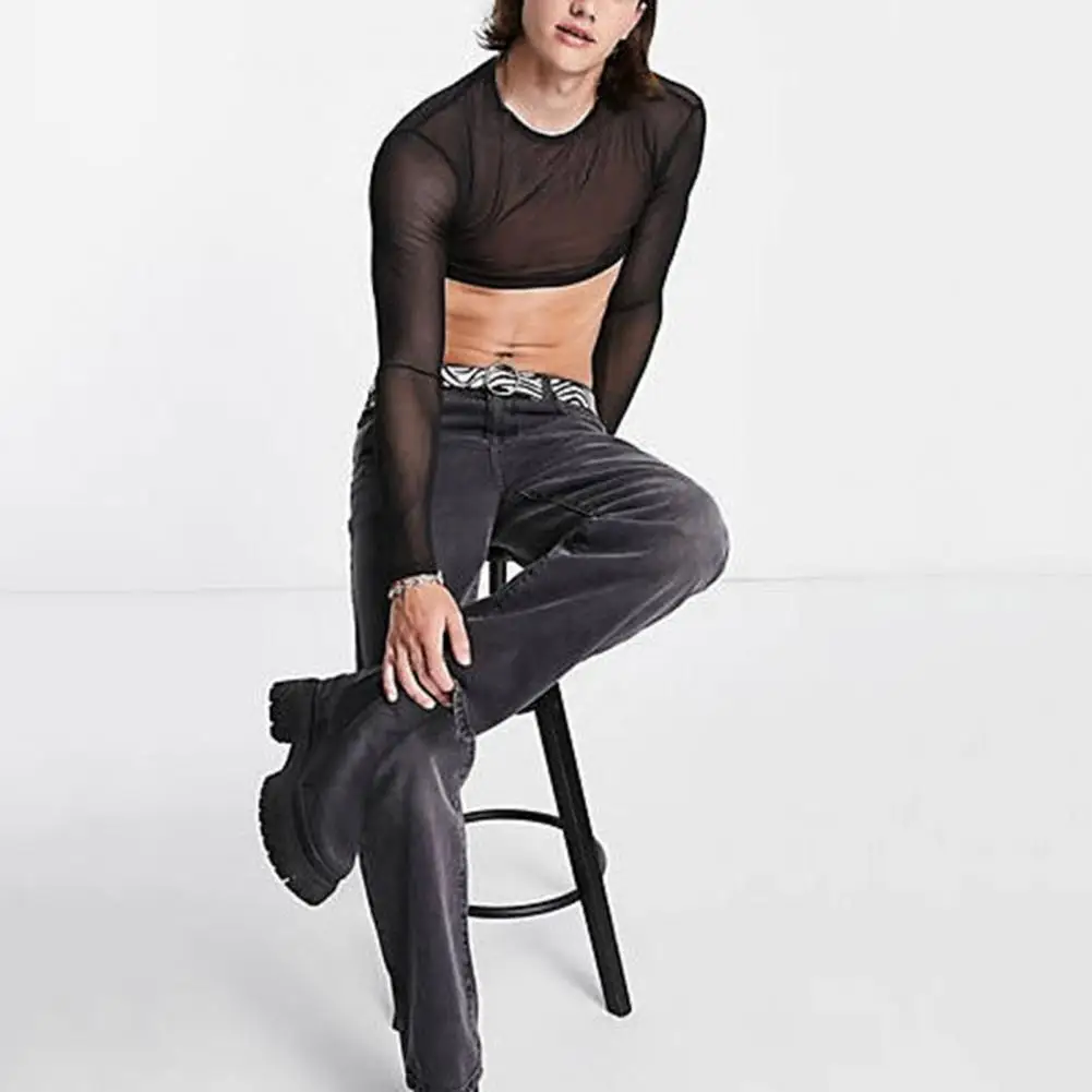 Men Club Top See-through Mesh Ultra-thin Elastic Long Sleeve O Neck Skinny Waist-exposure Nightclub Performance Party Crop Top