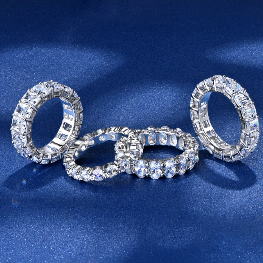 

Luxury Full Eternity Bands Ring For Women 925 Silver 5A Cubic Zirconia Radiant Emerald Cushion Oval Round Cut Created Diamond