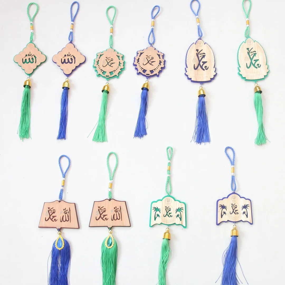 Painted faux‑wood car hanging ornament with colorful base, wood‑texture car interior decor, hand‑woven tassel pendant