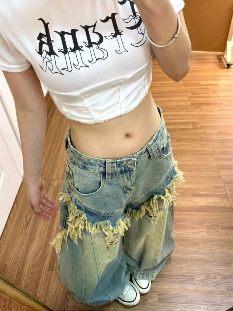 

Ripped Hem Splicing Design Casual Vintage Women's High Waist Slimming Banana Jeans Summer Leisure Wide Leg Denim Pants