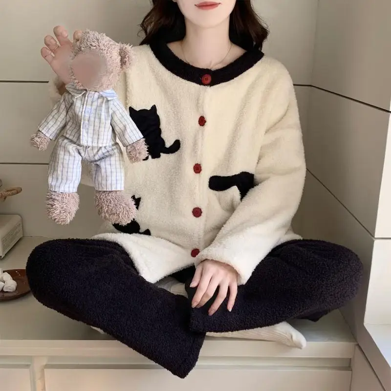 Nuevo Conjunto de pijama de lana Coral para mujer, ropa de dormir cálida y holgada de media pila, ropa de casa cómoda y cómoda de Color sólido para invierno