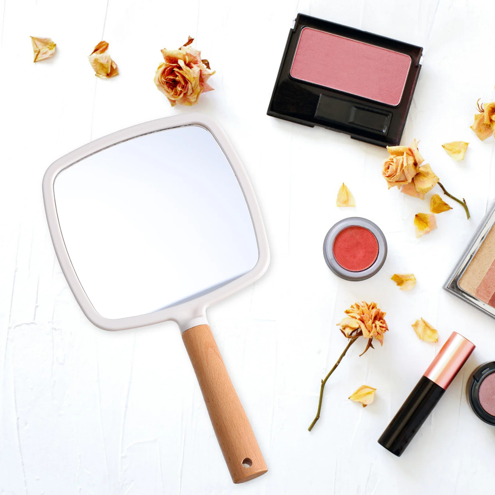 

Square Shaped Ergonomic Wood Handle Makeup Mirror Portable Lightweight Compact Design for Women and Professional Artists Barber