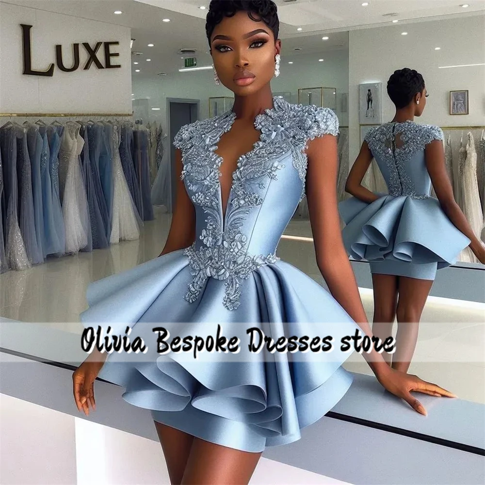 Stylish Blue Aso Ebi Prom Dresses Lace Applique African Mini Cocktail Birthday Party Dress Formal Occasion Gown vestidos de gala