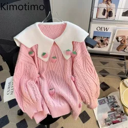 Kimotimo Cute 3D Strawberry Sweater Women 2025 Autumn Winter Peter Pan Collat Loose Twist Pullover Korean Sweet Design Knit Tops