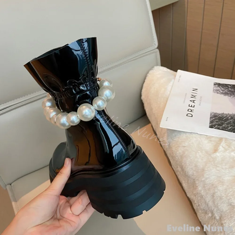 Patent Leather String Bead Ankle Boots Women Round Toe Platform Chunky Heels Small Fragrance Boots 2024 New Fashion Elegant Boot