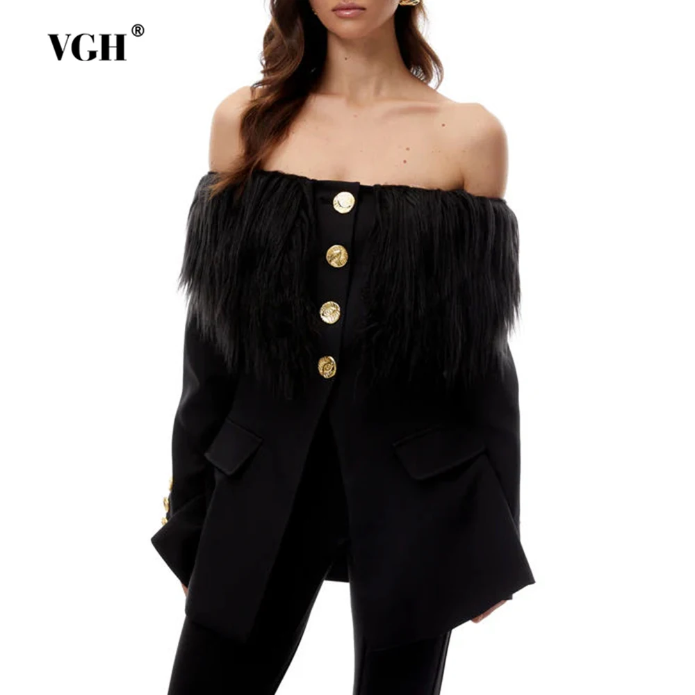 VGH, Blazers adelgazantes de felpa lisos elegantes para mujer, cuello oblicuo, manga con hombros descubiertos, chaqueta con temperamento con botones empalmados para mujer