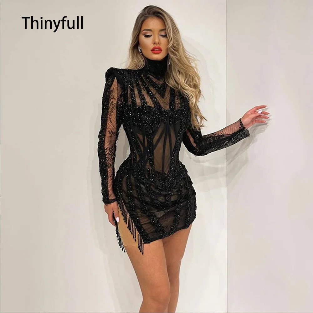 Thinyfull Glitter Black High Neck Short Cocktail Dress Long Sleeves Beads illusion Lady\'s Dress Mermaid Formal Party Prom Gowns