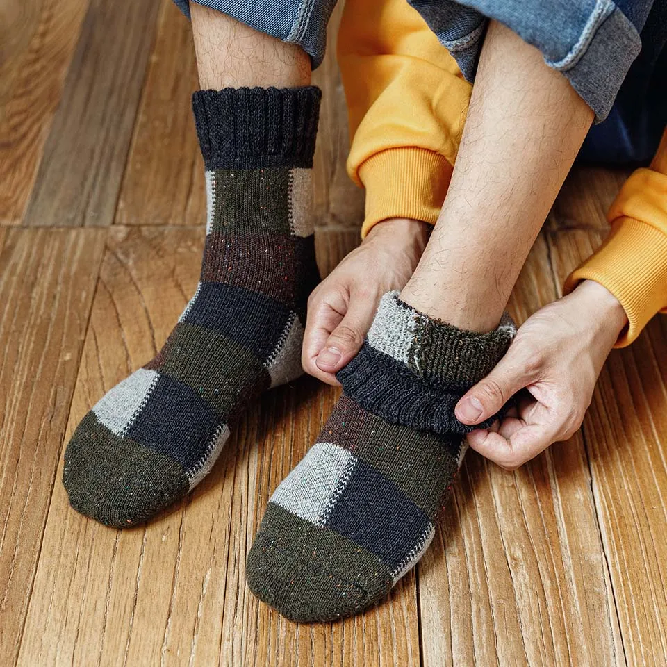 Chaussettes en laine à carreaux pour hommes, chaussettes longues mérinos, cachemire décontracté, optique, chaud, rétro, Harajuku, grande taille, hiver, 3 paires