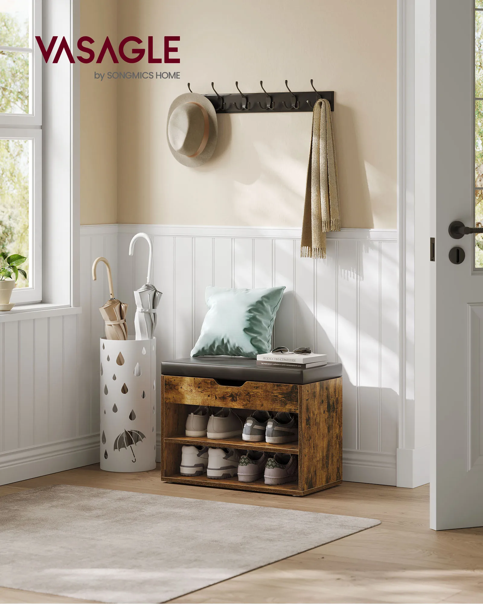 VASAGLE Bench Bench schoenenrek met gewatteerd kussen, 3-niveau schoenenorganizer, 30x60x44 cm voor gang