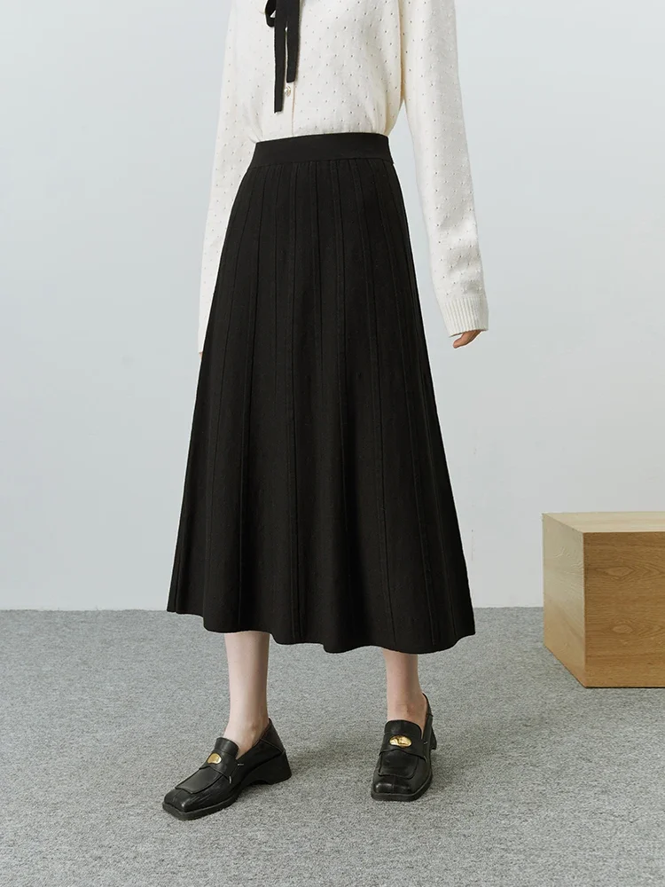 FSLE Elegant Pit Strip Knitted Mid-length Skirt Women Autumn Winter 2022 Simple Office Lady Solid Color High Waist A-line Skirt