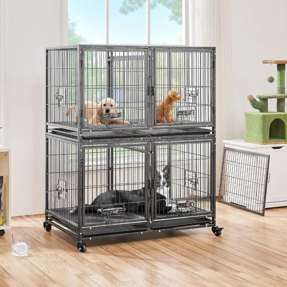 

Stackable Dog Cage with Divider 43 Inch Rolling Heavy Duty Dog Cage with Open Top 2 Removable Trays for Medium Dogs, Double Deck