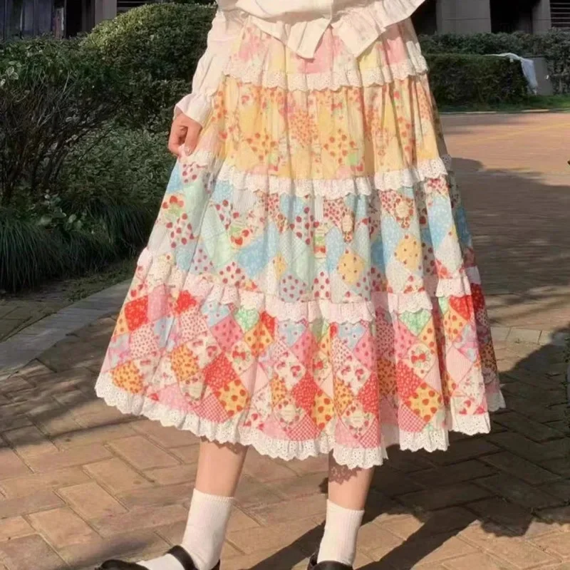 Y2k frutas vestidos florais saia impressa japão retro retalhos família retro casual dopamina saia solta boêmio a linha vestido novo