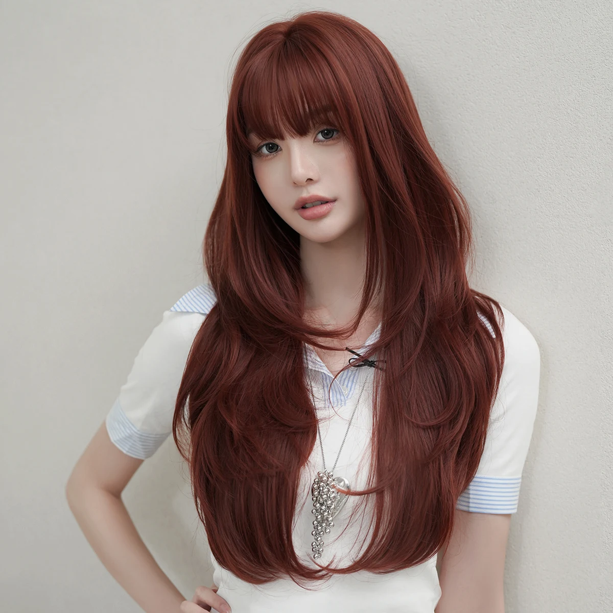 7JHH WIGS Long Straight Layered Copper Wig for Women Synthetic Heat-Resistant Modest Fashion Wear and Go Wigs with Neat Bangs