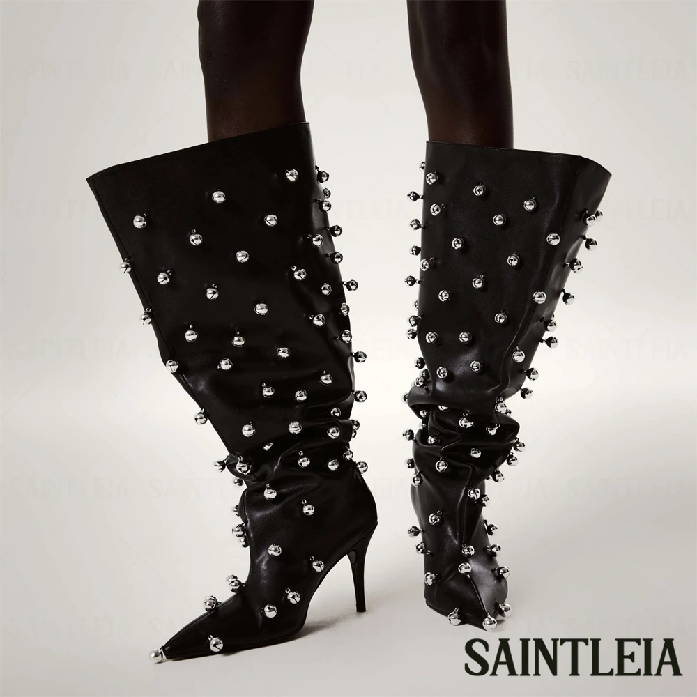 Metallic Bubble Knee High Boots Silver Tone Muted Bells Pointed Toe Pleated Boots Black Leather Blue Denim Slip on Women Boots